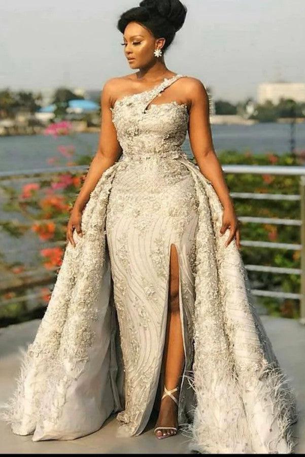 Long Party Lace Prom Dress with Detachable Train One Shoulder Mermaid Evening dress for women