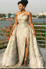 Long Party Lace Prom Dress with Detachable Train One Shoulder Mermaid Evening dress for women