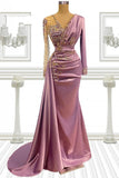 Long Pink Beading Mermaid Prom Dresses With Sleeves