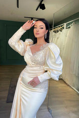 Long Puff Sleeves Prom Dress Pleated Mermaid Split Evening Formal Dress With Appliques Ruffles