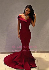Long Ruffles Burgundy Mermaid evening Formal Gown Off-the-shoulder Popular Prom Dress SP0277