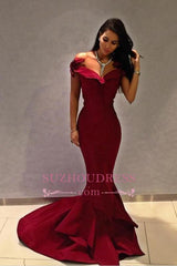 Long Ruffles Burgundy Mermaid evening Formal Gown Off-the-shoulder Popular Prom Dress SP0277