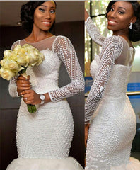Long-Sleeve Beadings Gorgeous Tulle Zipper Wedding Dress