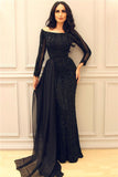 Long Sleeve Black Beads Sequins Evening Dresses | Chiffon Train Sheath Sexy Prom Dresses