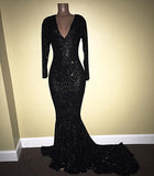 Long Sleeve Black Sequins Prom Dress Sheath V-neck Long Sleeve Shiny Evening Gown with Long Train BA7811
