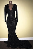 Long Sleeve Black Sequins Prom Dress Sheath V-neck Long Sleeve Shiny Evening Gown with Long Train BA7811