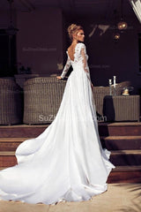 Long Sleeve Bridal Dresses Jewel Appliques Elegant Sheath Backless Satin Court Train Wedding Gowns