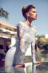 Long Sleeve Bridal Dresses Jewel Appliques Elegant Sheath Backless Satin Court Train Wedding Gowns