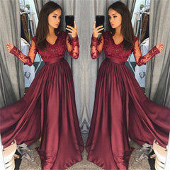 Long Sleeve Burgundy Lace Prom Dress V-neck New Arrival Formal Evening Dress with Split FB0205