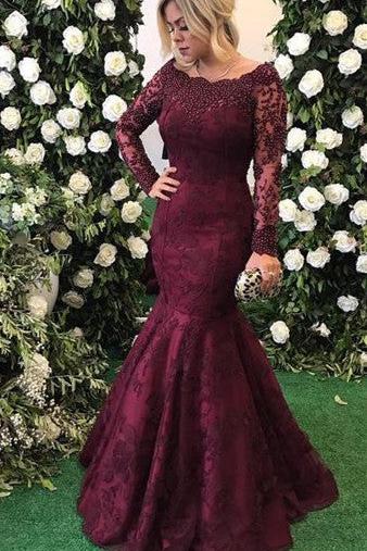 Long Sleeve Burgundy Prom Dresses Mermaid Beads Lace Popular Evening Gown BA7388