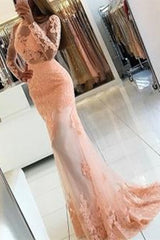 Long Sleeve Coral Lace Formal Dress Appliques Newest High Neck Mermaid Prom Dress BA6227