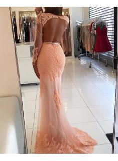 Long Sleeve Coral Lace Formal Dress Appliques Newest High Neck Mermaid Prom Dress BA6227