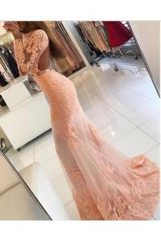 Long Sleeve Coral Lace Formal Dress Appliques Newest High Neck Mermaid Prom Dress BA6227