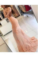 Long Sleeve Coral Lace Formal Dress Appliques Newest High Neck Mermaid Prom Dress BA6227