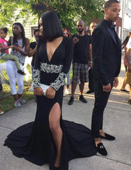 Long Sleeve Crystal Black Evening Gown Sexy V-Neck Split Prom Dress