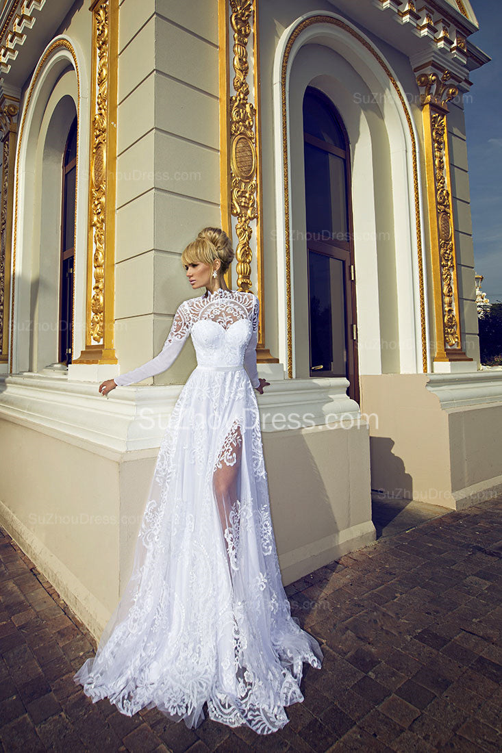 Long Sleeve Jewel Lace Wedding Dresses Appliques Side Slit Zipper Bridal Gowns BA8081