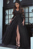 Long Sleeve Lace Appliques Evening Dress Front Slit Formal Dress FB0030