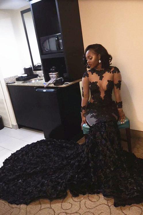 Long Sleeve Lace Appliques Evening Gowns Tulle Court Train Prom Dress with Flowers CE0066
