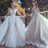 Long Sleeve Lace Appliques Mermaid Wedding Dress Overskirt Long Train Bride Dress WE0199
