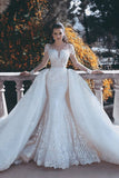 Long Sleeve Lace Appliques Mermaid Wedding Dress  Overskirt Long Train Bride Dress WE0199