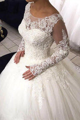 Long Sleeve Lace Ball Gown Wedding Dress Tulle Sweep Train Bridal Gowns