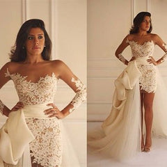 Long Sleeve Lace Short Bridal Gown with Detachable Train New Arrival Beach Wedding Dress