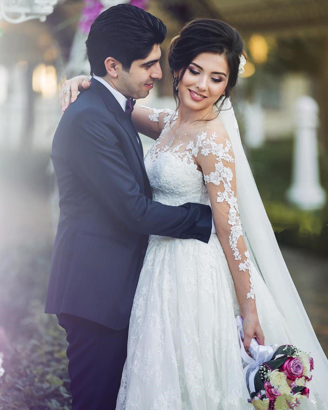 Long Sleeve Lace Wedding Dresses | Ball Gown Long Train See Through Back Bride Dress