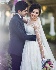 Long Sleeve Lace Wedding Dresses | Ball Gown Long Train See Through Back Bride Dress