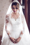 Long Sleeve Lace Wedding Dresses | Ball Gown Long Train See Through Back Bride Dress