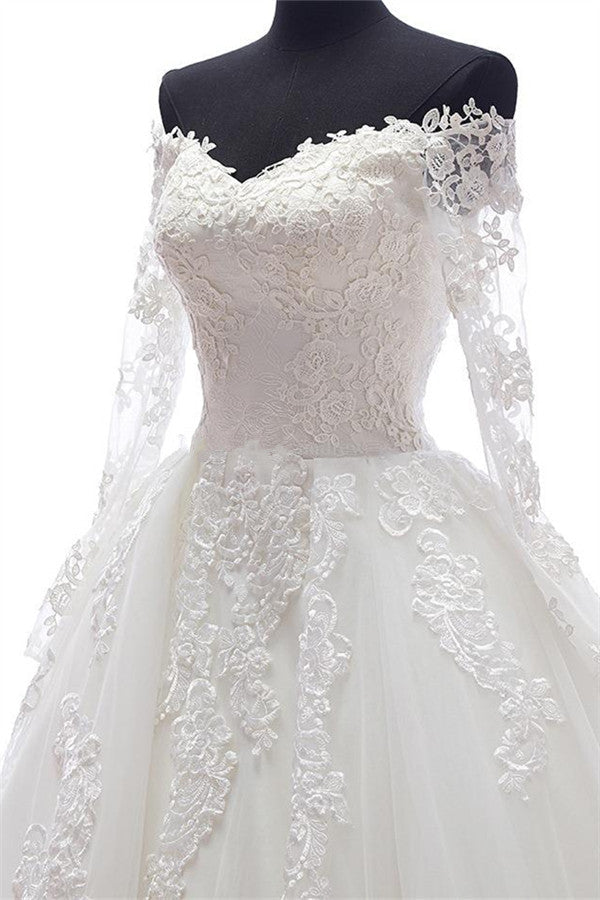 Long Sleeve Lace Wedding Dresses Off Shoulder Sheer Chapel Train Bridal Gowns