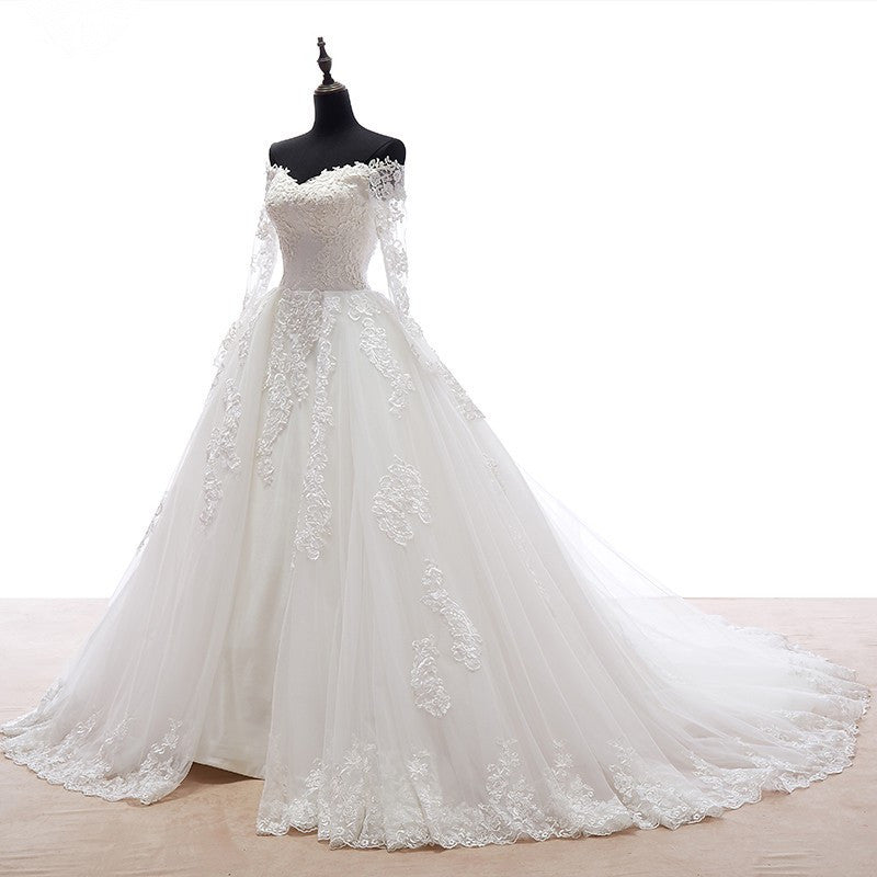 Long Sleeve Lace Wedding Dresses Off Shoulder Sheer Chapel Train Bridal Gowns