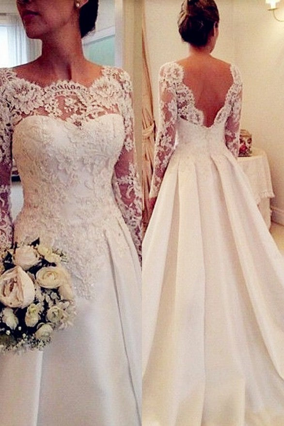 Long Sleeve Lace Wedding Dresses Open Back Satin Elegant A Line Bridal Gowns