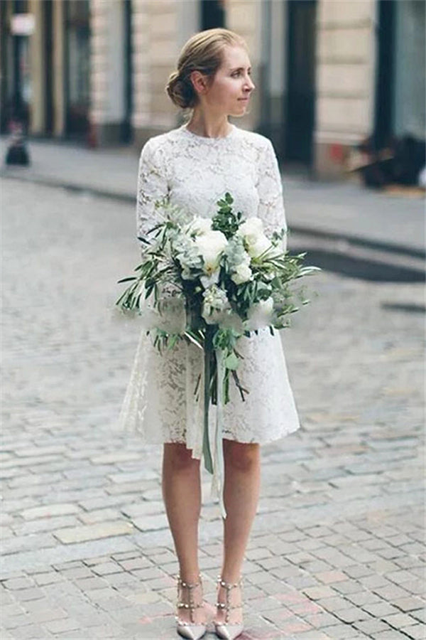 Long Sleeve Lace White Short Beach Wedding Dresses | Chic A-line Bridal Gowns