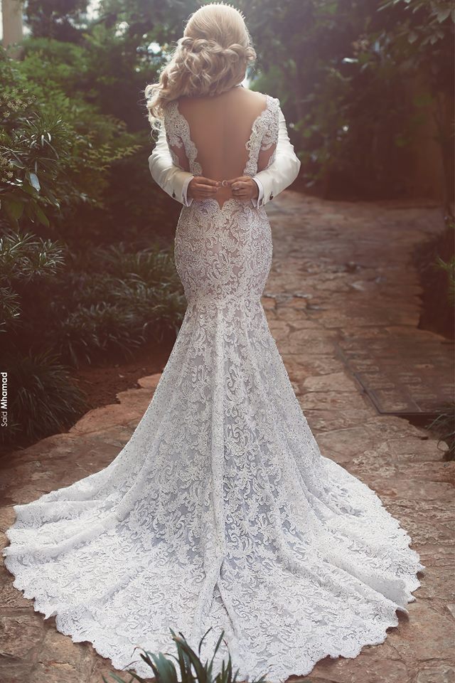 Long Sleeve Mermaid Lace Beach Wedding Dress Sexy Open Back V-neck Classic Bridal Gown