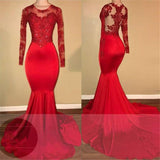 Long Sleeve Mermaid Lace Prom Dresses | Red Sheer Tulle Evening Gown FB0283
