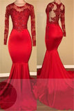 Long Sleeve Mermaid Lace Prom Dresses  | Red Sheer Tulle Evening Gown FB0283