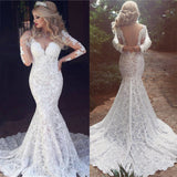 Long Sleeve Mermaid Lace Wedding Dress Sexy Open Back V-neck Classic Bridal Gown