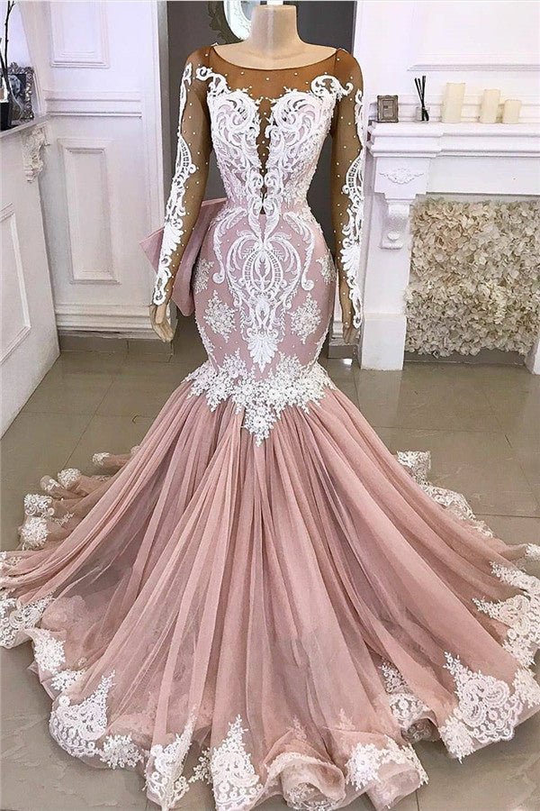 Long Sleeve Mermaid Prom Dresses | Beads Lace Appliques Pink Evening Gowns BC4187