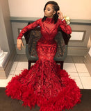 Long Sleeve Mermaid Red Prom Dresses | Sequins Appliques Feather Evening Dress BC1327