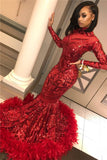 Long Sleeve Mermaid Red Prom Dresses | Sequins Appliques Feather Evening Dress BC1327