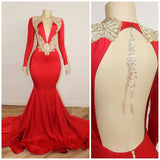 Long Sleeve Red Prom Dresses with Beads Crystals | V-neck Open Back Sexy Evening Gowns