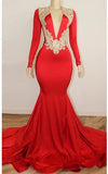 Long Sleeve Red Prom Dresses with Beads Crystals | V-neck Open Back Sexy Evening Gowns