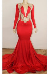 Long Sleeve Red Prom Dresses with Beads Crystals | V-neck Open Back Sexy Evening Gowns