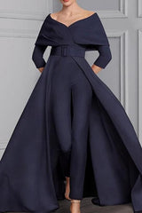Long Sleeve Scoop Neck Pantsuit for the Mother of the Bride Featuring a Belt