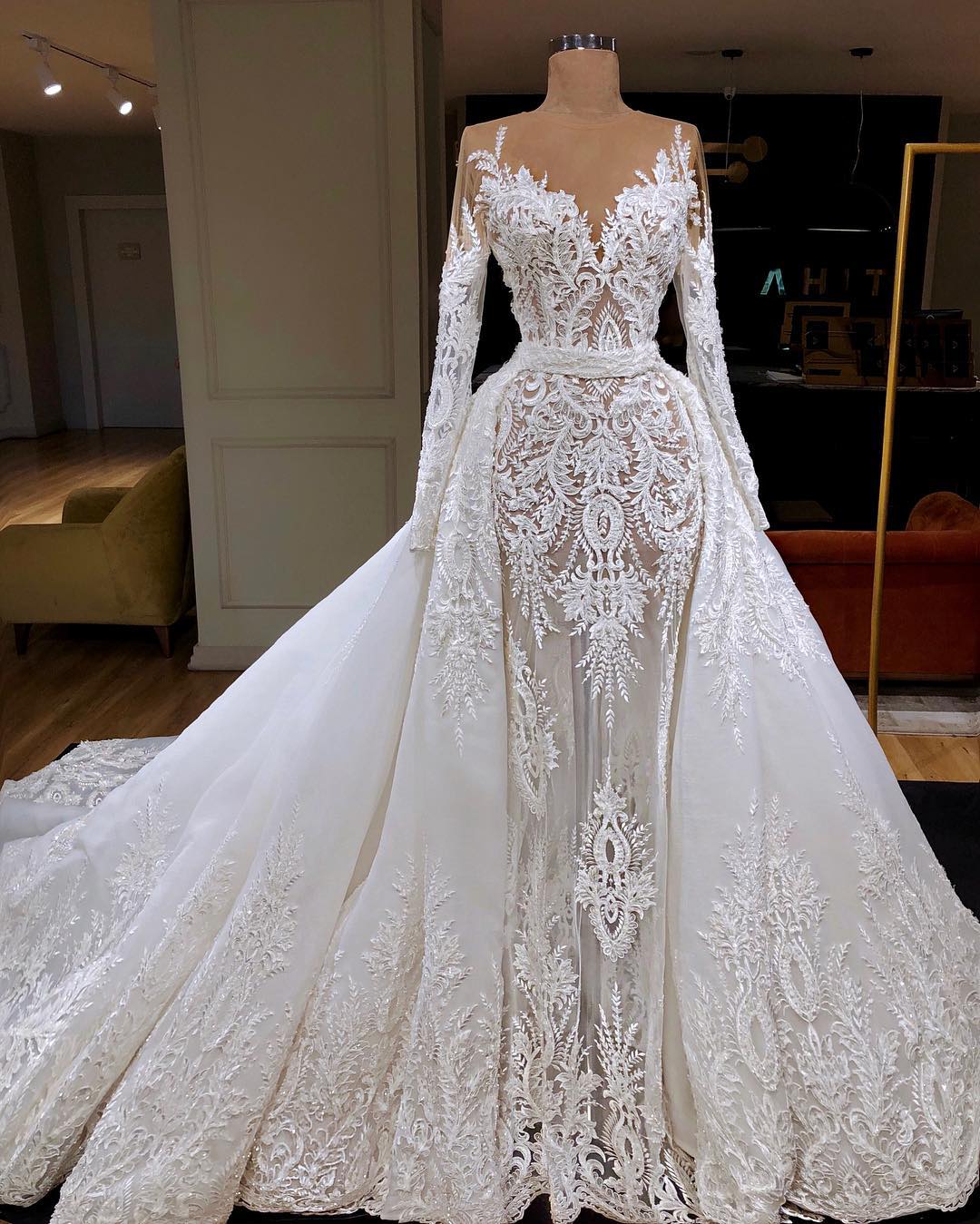 Long Sleeve See Through Tulle Wedding Dresses | Overskirt Lace Bridal Gowns Long Sleeve See Through Tulle Wedding Dresses | Overskirt Lace Bridal Gowns