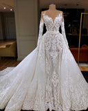 Long Sleeve See Through Tulle Wedding Dresses | Overskirt Lace Bridal Gowns