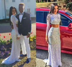 Long Sleeve Sexy Two Piece Evening Dresses Crystals Long Prom Gowns BA1792