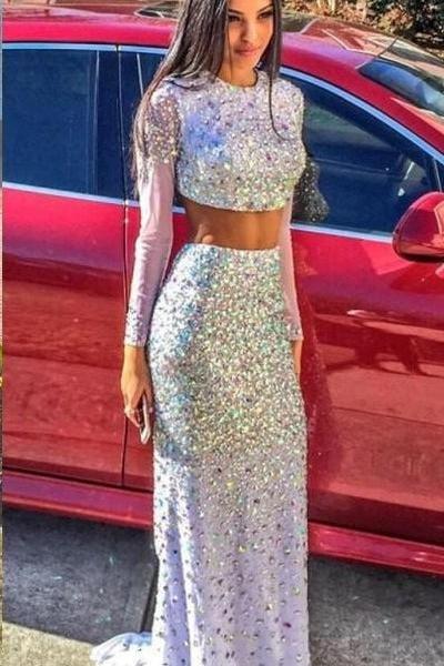 Long Sleeve Sexy Two Piece Evening Dresses Crystals Long Prom Gowns BA1792