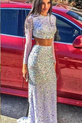 Long Sleeve Sexy Two Piece Evening Dresses Crystals Long Prom Gowns BA1792