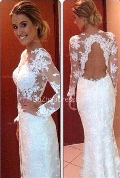Long Sleeve Sheath Lace Wedding Dresses Floor Length Simple Bridal Gowns